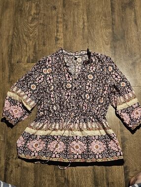 Cato Shirt Bohemian Tunic Black Pink Floral Border 3/4 Sleeve Puffy